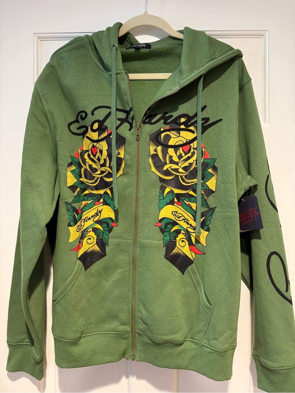Ed Hardy Men’s Green Zip-Up Hoodie with Rose Graphic